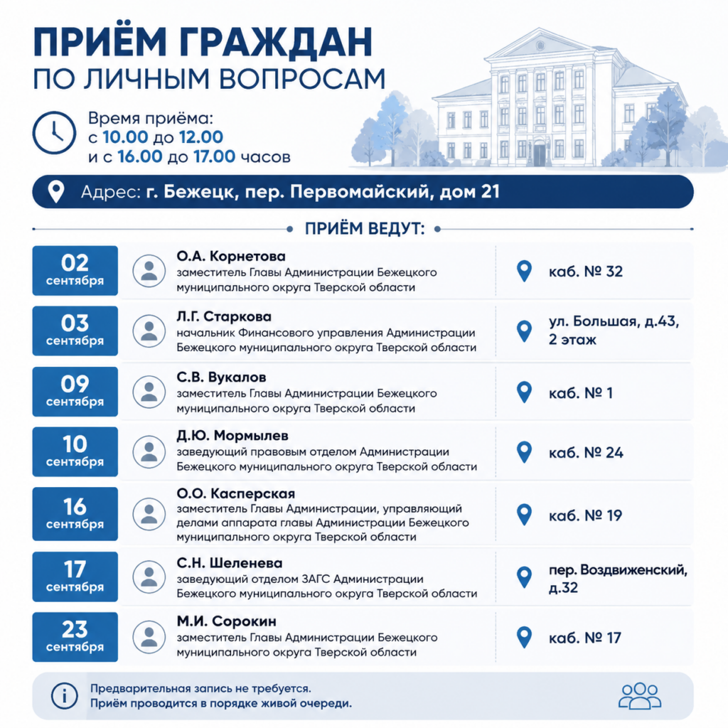В сентябре администрация Бежецкого округа проводит прием граждан по личным вопросам